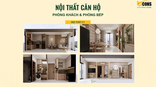 Căn C1 (2PN·1WC, 52 m² sàn) — phòng khách và bếp