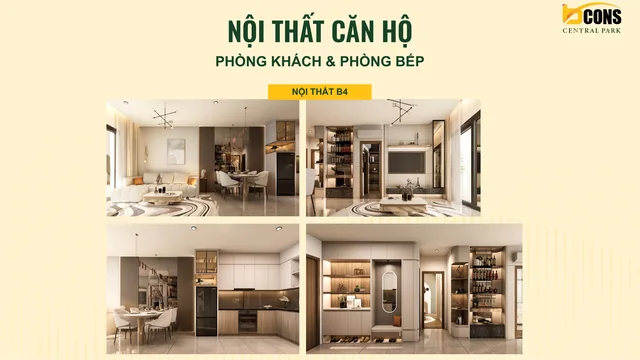 Căn B4 (2PN, 73 m² sàn) — phòng khách và bếp